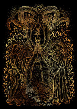Mystic illustration with human skeleton, monks and spiritual symbols on black background. Occult and esoteric drawing