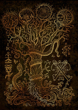 Mystic illustration with spiritual and christian religious symbols as snake, tree of knowledge and forbidden fruit on texture background