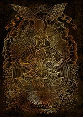 Mystic illustration with spiritual and christian religious symbols as Devil, Eve and Adam, hell and paradise on texture background