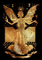 Mystic illustration of spiritual symbols, goddess of wisdom and eternity on paper background