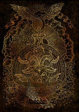 Mystic illustration with spiritual and christian religious symbols as Devil, Eve and Adam, hell and paradise on texture background