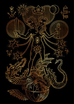 Mystic illustration with spiritual and alchemical symbols, androgyne, twins or Gemini concept on black background
