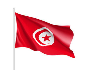 Tunisia flag. Illustration of African country waving flag on flagpole. Vector 3d icon isolated on white background. Realistic illustration