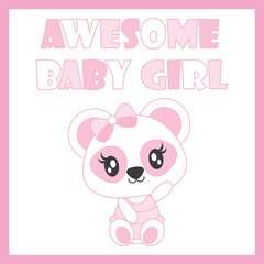Cute baby panda welcome baby girl vector cartoon illustration for baby shower card design, kid t shirt design, and wallpaper