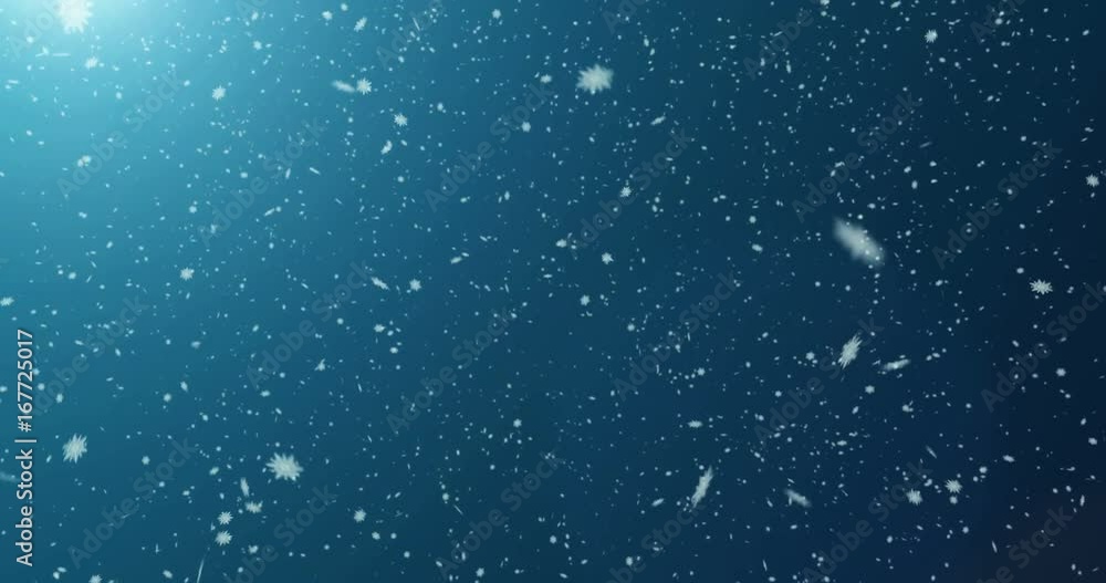 Poster falling snowflakes and bokeh particles on bright blue background. abstract new year backdrop. animat