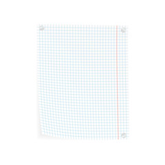 White squared paper sheet with curled corner and pin. Vector template.