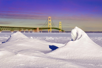 The Mackinac Bridge in the Straits of Mackinac connecting the the Upper and Lower Peninsulas of the...