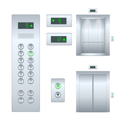 Isolated flat illustration Open and closed chrome metal office building elevator doors realistic hall interior and button panel. Flat Elevator design set © Golden Sikorka