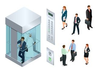 Isometric vector design of the elevator with people inside and button panel. Realistic empty elevator hall interior with close metallic lift doors © Golden Sikorka