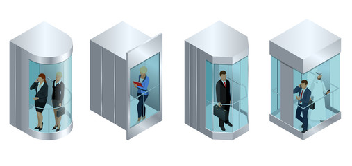 Isometric vector design of the elevator with people inside and button panel. Realistic empty elevator hall interior with close metallic lift doors © Golden Sikorka