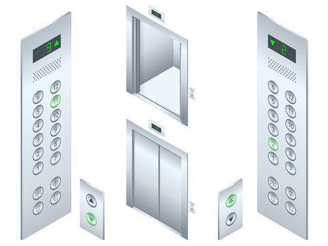 Isolated Flat Illustration Open And Closed Chrome Metal Office Building Elevator Doors Realistic Hall Interior And Button Panel. Isometric Elevator Design Set