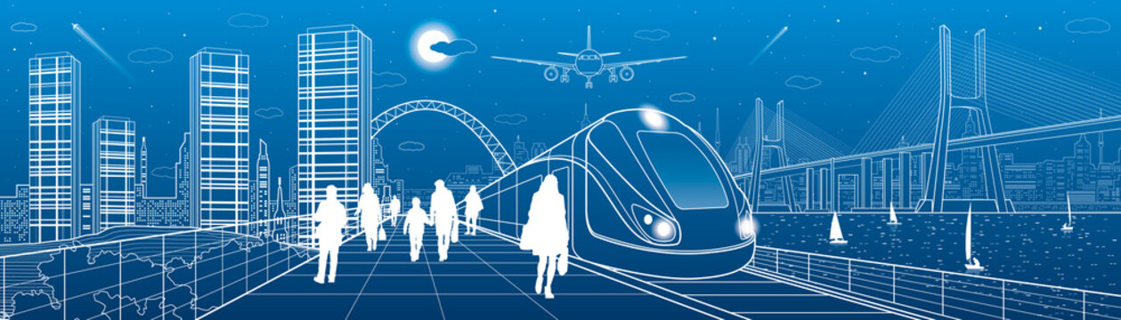 Infrastructure and transport panorama. Train move on railway. People at station. Airplane fly. Big bridge. Modern night city, towers and skyscrapers. Yachts on water. White lines. Vector design art