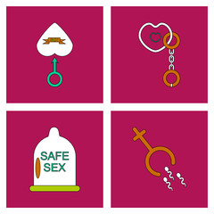 Set in flet of sex icons in thin line drowings. Condom hand © gorovits