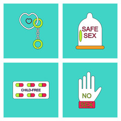 Set in flet of sex icons in thin line drowings. Condom hand © gorovits