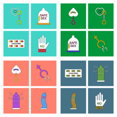 Set in flet of sex icons in thin line drowings. Condom hand © gorovits