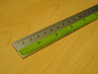 Perspective steel grey green ruler on wooden table