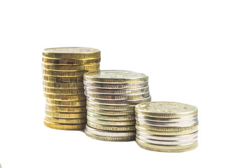 Stacks of Russian coins on a gray background with droplets of water.