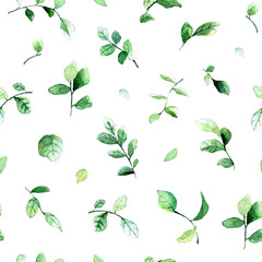 Fototapeta na wymiar Vector seamless pattern with green leaves painted with watercolors on white background.