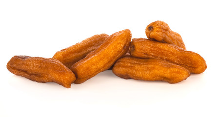 dried bananas (honey baked bananas) on white background, Thai preserved food.