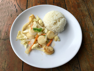 fried tofu with vegetables in white dish with thai jasmine rice on wooden background. Thai style Food. Vegetarian Food.