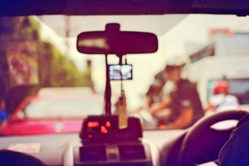 The scene of the view from the taxi car with taxi meter display in bangkok, Thailand © narin_nonthamand