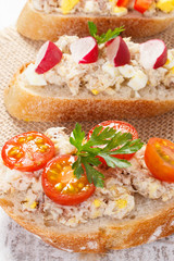 Crusty sandwiches with mackerel or tuna fish paste, healthy nutrition