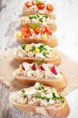 Crusty sandwiches with mackerel or tuna fish paste, healthy nutrition