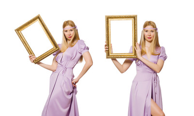 Woman with picture frame on white