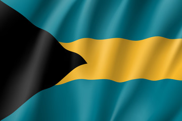 Flag Bahamas realistic icon. State insignia of the nation in realistic style on the entire page. Waving state flag. National symbol in the form of a vector illustration