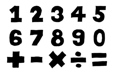 Black color hand drawing of number and mathematics symbol (Plus, minus multiply, divide sign) on white background