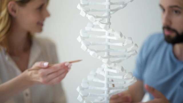 Selective focus on DNA model examined by groupmates