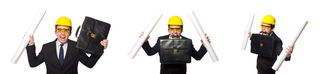 Funny architect with drawings on white