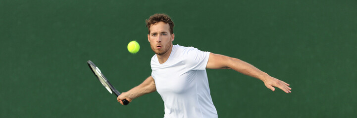 Tennis player man banner hitting ball with racket on green horizontal copy space background. Sports athlete training forehand grip technique on outdoor court.