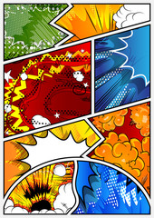 Vector pop-art style comic book page template with explosions, halftone effects and rays. © noravector