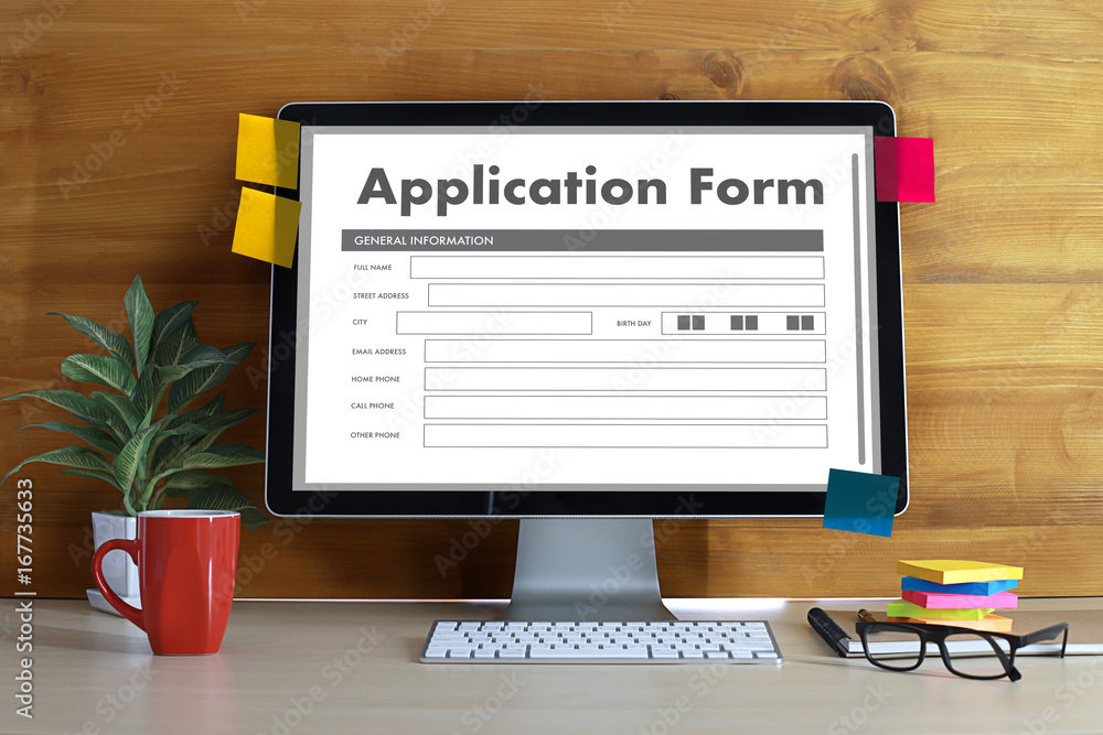 Poster business man working on laptop computer use online web job application form moniter
