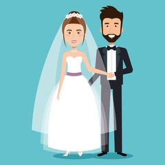 beautiful young bride and groom couple holding hands on wedding day vector illustration