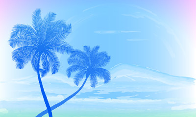 Fototapeta na wymiar Tropical island with silhouette palm trees watercolor style, vector illustration