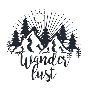 Wanderlust Hand Drawn Mountain Adventure Label Nature Vector Illustration