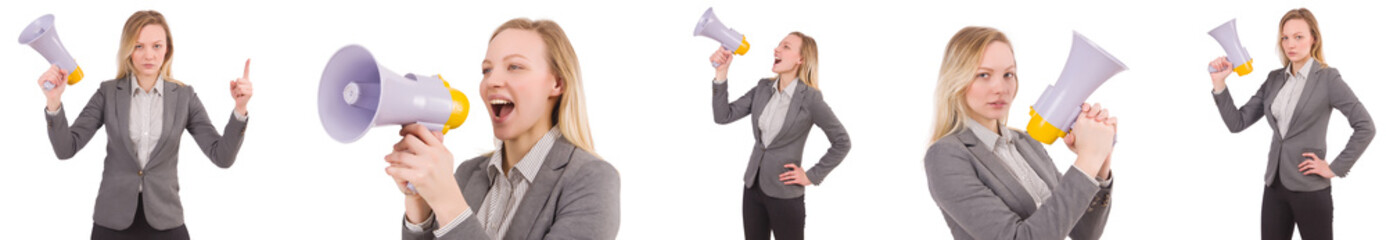 Businesswoman with bullhorn isolated on white
