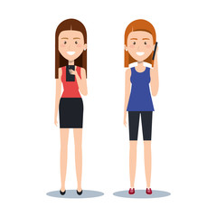 Fototapeta premium cute girls standing using their smartphones smiling happy vector illustration