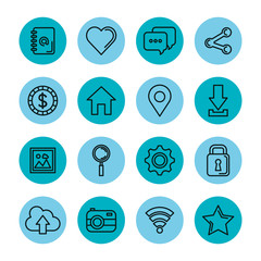 blue icons set social media network application connected vector illustration