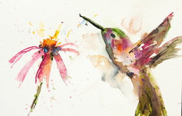 Hummingbird with flower, watercolor painting, lovely art
