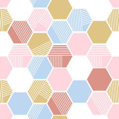 Materiał do szycia Geometric seamless repeating pattern with hexagon shapes in pastel pink, light blue and autumn trendy colors.