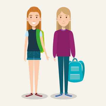 beautiful schoolgirls with backpacks on white background vector illustration
