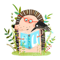 Naklejka premium Hedgehog and Crow Friends Reading Book