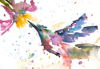 Hummingbird with flower, watercolor painting, lovely art