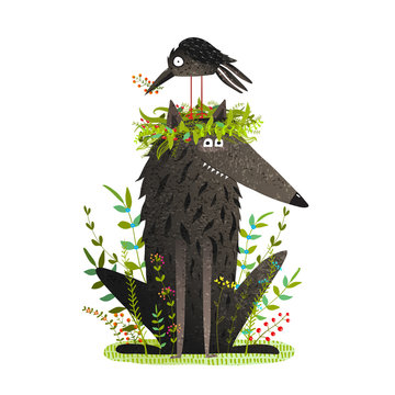 Black Wolf and Crow Sitting on Head Friendship