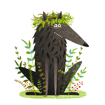 Black Friendly Cute Wolf Smiling in Grass