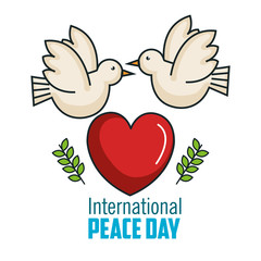 international peace day two pigeon together big heart love vector illustration