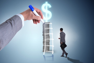 Businessman in front of money ladder